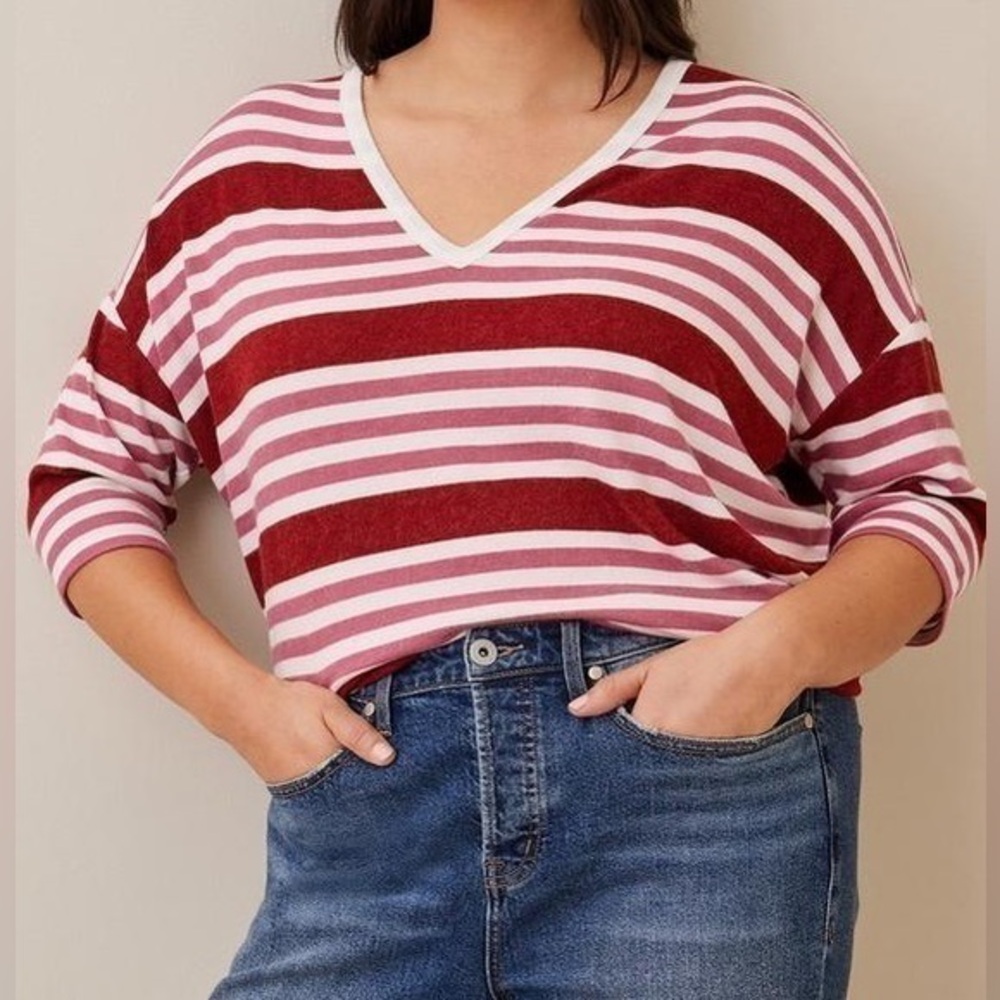 🆕 NWT Torrid 2 Red Pink White Plus Super Soft 3/4 Sleeve Striped Top 18 20 XXL